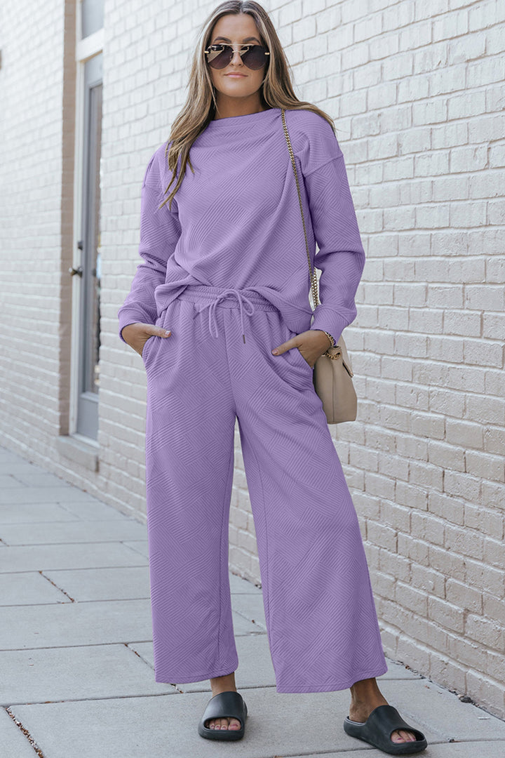 Double Take Full Size Textured Long Sleeve Top and Drawstring Pants Set Lavender L