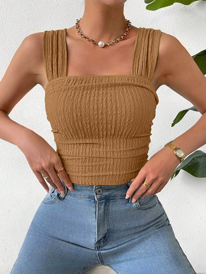 Textured Square Neck Wide Strap Tank Camel