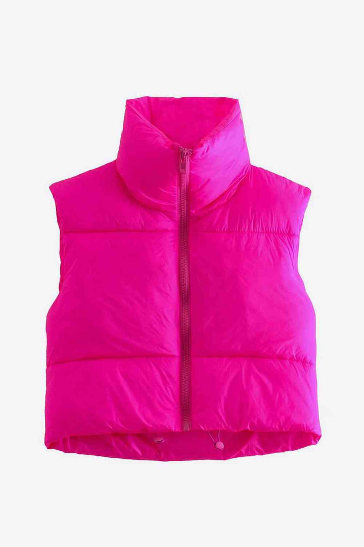Zip-Up Drawstring Puffer Vest Hot Pink