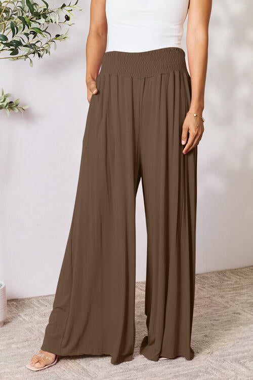 Double Take Full Size Smocked Wide Waistband Wide Leg Pants Coffee Brown