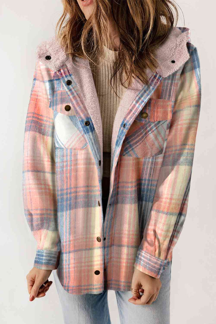 Plaid Snap Down Hooded Jacket Dusty Pink