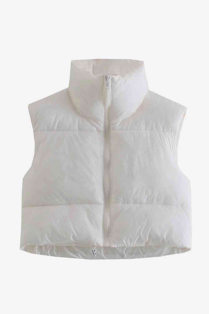 Zip-Up Drawstring Puffer Vest White