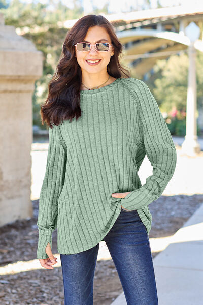 Basic Bae Full Size Ribbed Round Neck Long Sleeve Knit Top Light Green