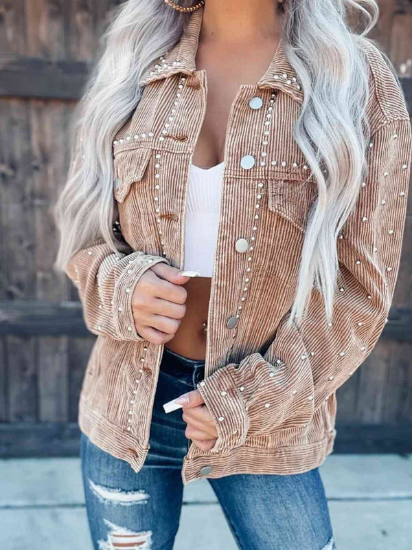 Studded Collared Neck Button Down Jacket Tan