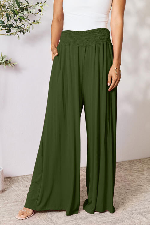 Double Take Full Size Smocked Wide Waistband Wide Leg Pants Army Green