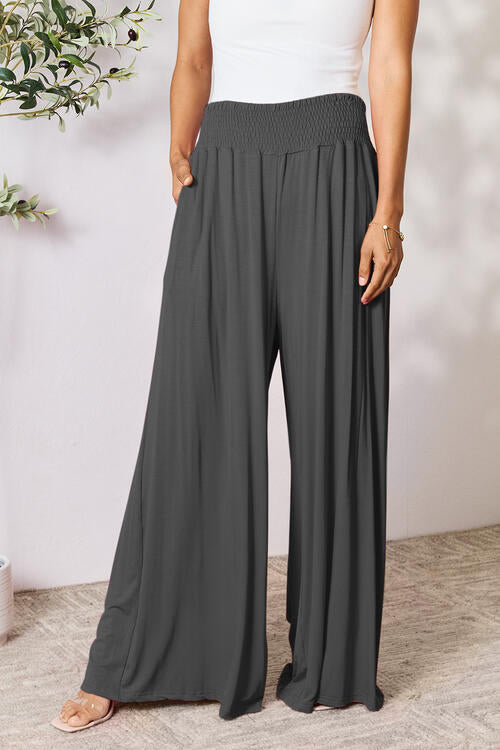 Double Take Full Size Smocked Wide Waistband Wide Leg Pants Charcoal