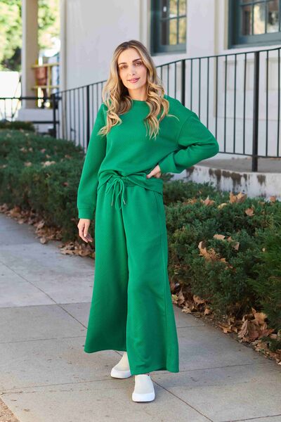 Double Take Full Size Textured Long Sleeve Top and Drawstring Pants Set Mid Green