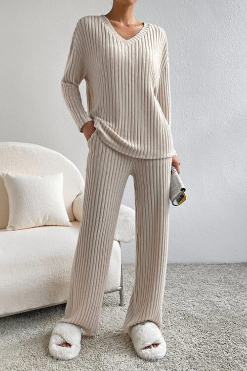 Ribbed V-Neck Top and Pants Set Dust Storm