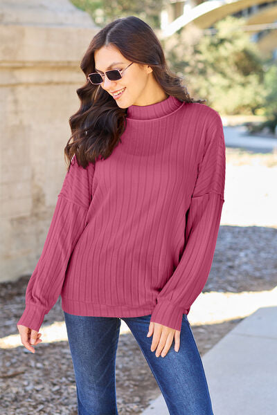 Basic Bae Full Size Ribbed Exposed Seam Mock Neck Knit Top Deep Rose