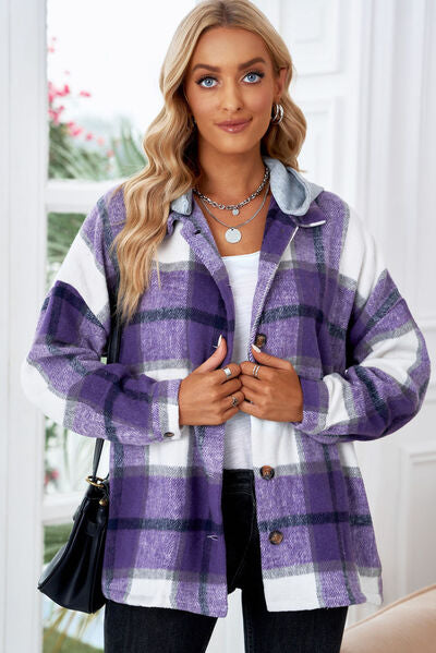 Button Up Plaid Hooded Jacket Lavender