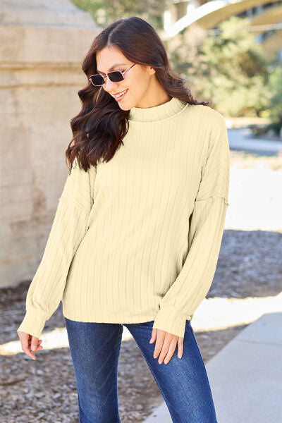 Basic Bae Full Size Ribbed Exposed Seam Mock Neck Knit Top Pastel Yellow