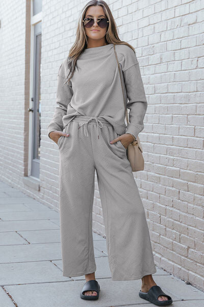 Double Take Full Size Textured Long Sleeve Top and Drawstring Pants Set Light Gray