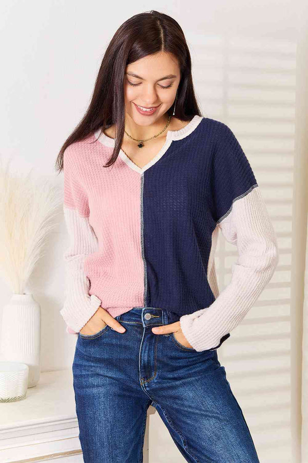 Heimish Full Size Solid Color Block Contrast Top Pink Blue