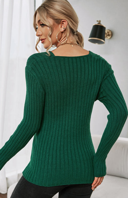 Women's V-Neck Pullover Cross Sweater Dark green