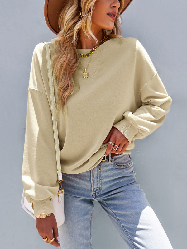 Women’s Solid Color Loose Fit Crewneck Sweatshirt khaki