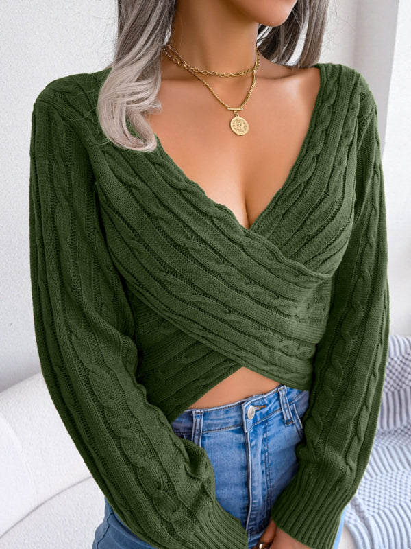Women's Sexy Cross V-Neck Twist Long Sleeve Crop Sweater Olive green