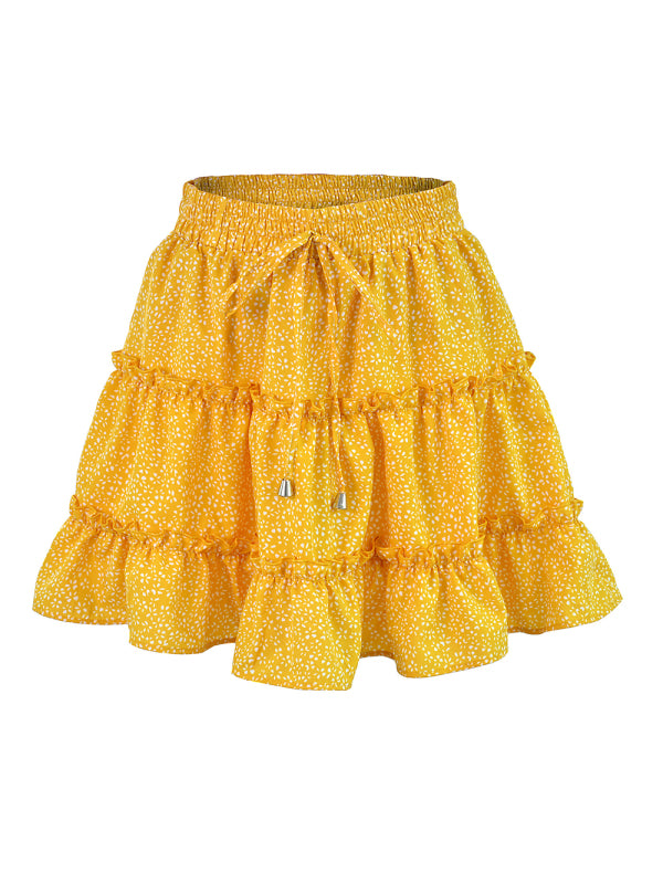 Women's Solid Color Tiered Ruffle Waist Tie Mini Skirt Yellow dots