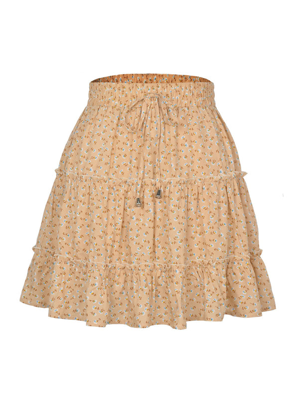 Women's Solid Color Tiered Ruffle Waist Tie Mini Skirt New beige