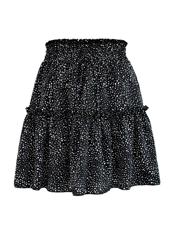 Women's Solid Color Tiered Ruffle Waist Tie Mini Skirt Black dot