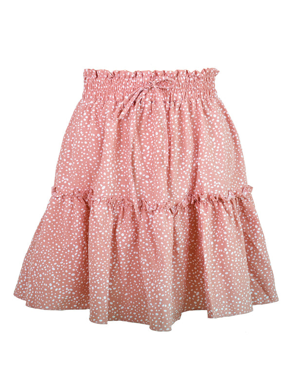 Women's Solid Color Tiered Ruffle Waist Tie Mini Skirt Pink dot