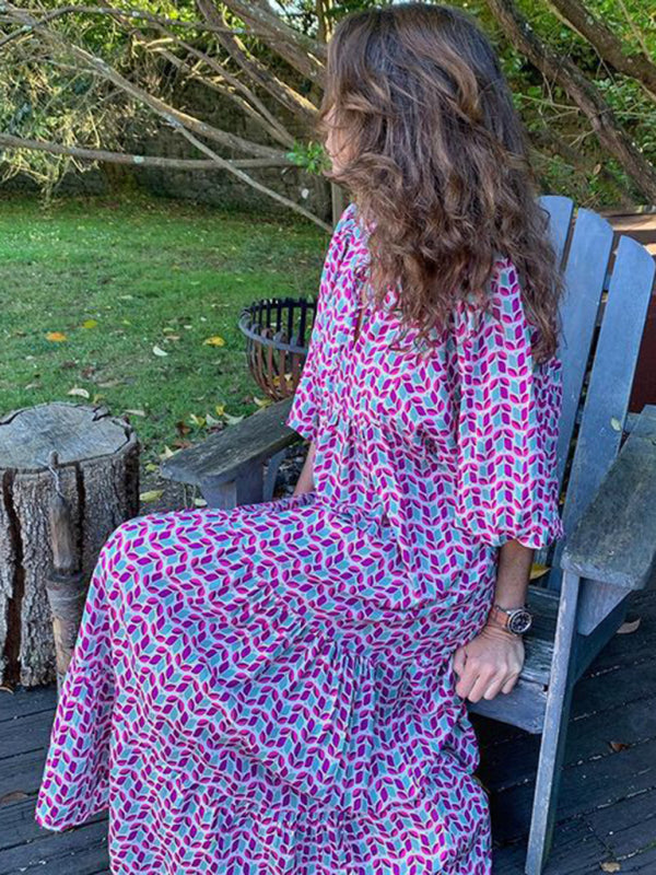Women's Geometric Print Puff-sleeve Maxi Dress Violet