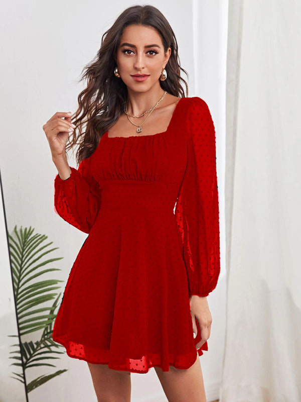 Women's Woven Chiffon Jacquard Elegant Long Sleeve Dress Red