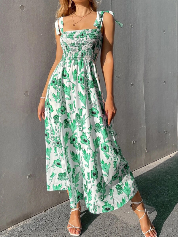 Women's Floral Print Smocked Tiered Dress Green