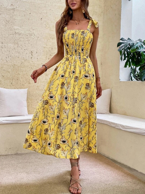 Women's Floral Print Smocked Tiered Dress Yellow