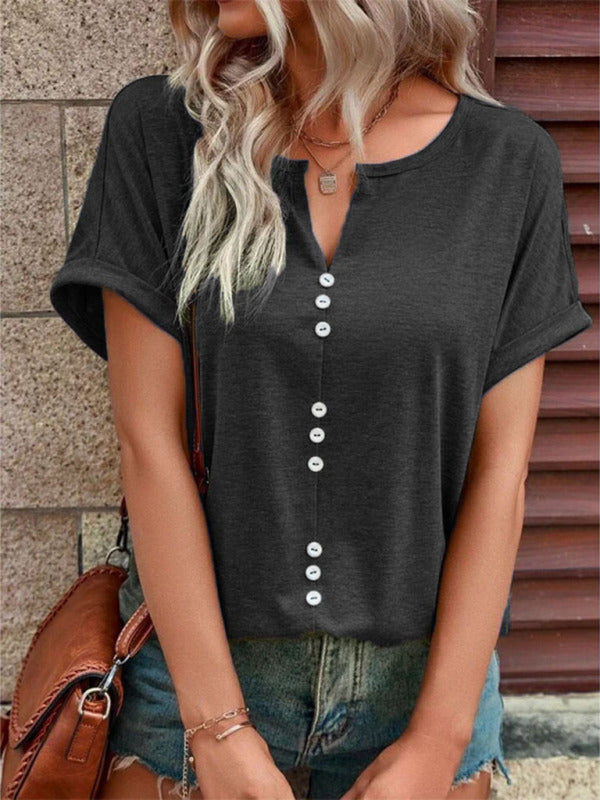 Women's Knitted Casual V-Neck Button Short Sleeve Top Charcoal grey