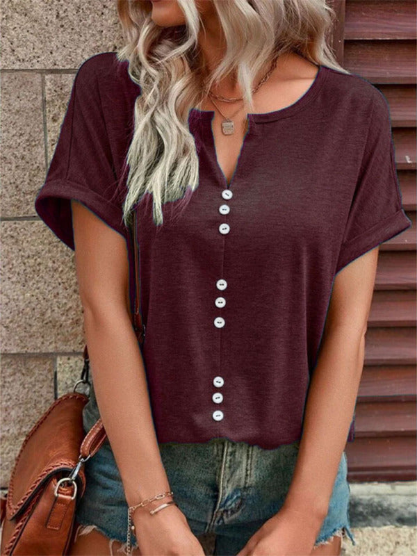 Women's Knitted Casual V-Neck Button Short Sleeve Top Wine Red