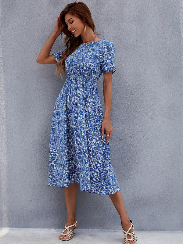Floral dress women's summer small fresh short-sleeved mid-length skirt Blue