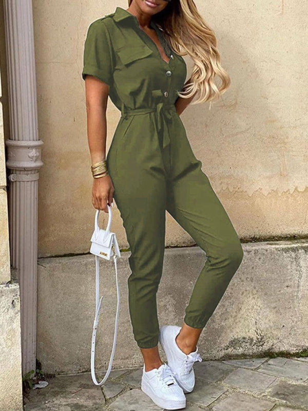Women's Casual Lapel Buttoned Belt Cargo Jumpsuit Olive green