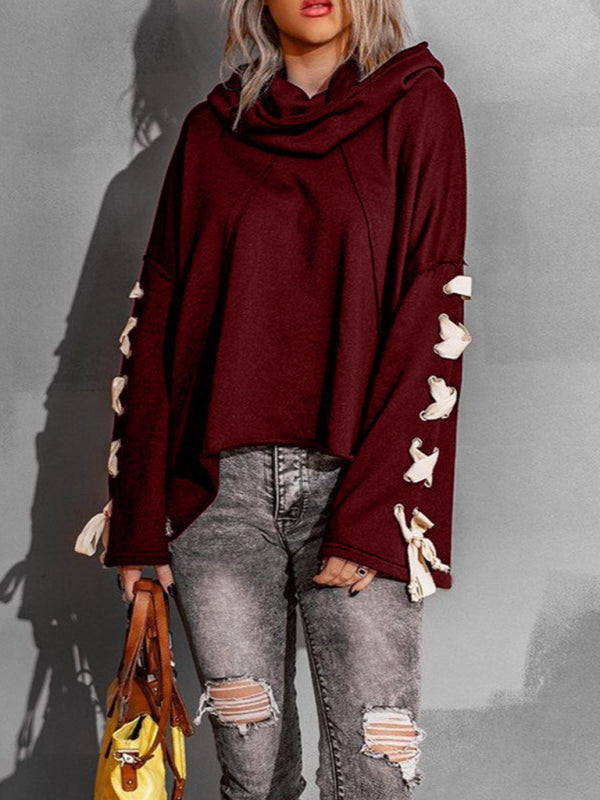 Women's autumn and winter cotton niche design bandage · Oversized hooded pile neck sweater Wine Red