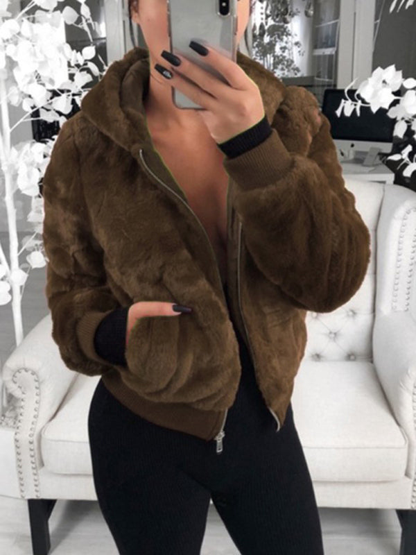 Autumn and winter furry long-sleeved hooded plush top long coat Coffe