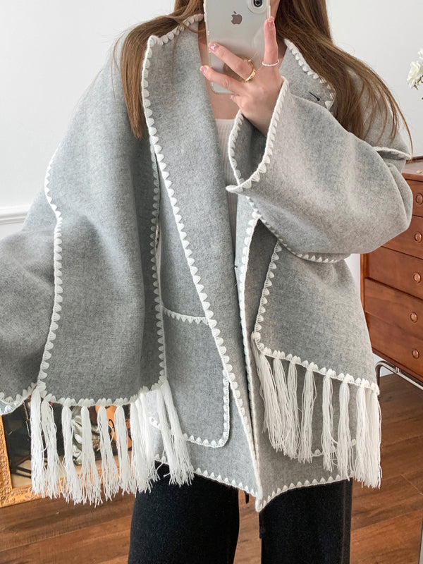 New autumn and winter new fashion woolen coat thickened loose with scarf tassels for women Misty grey