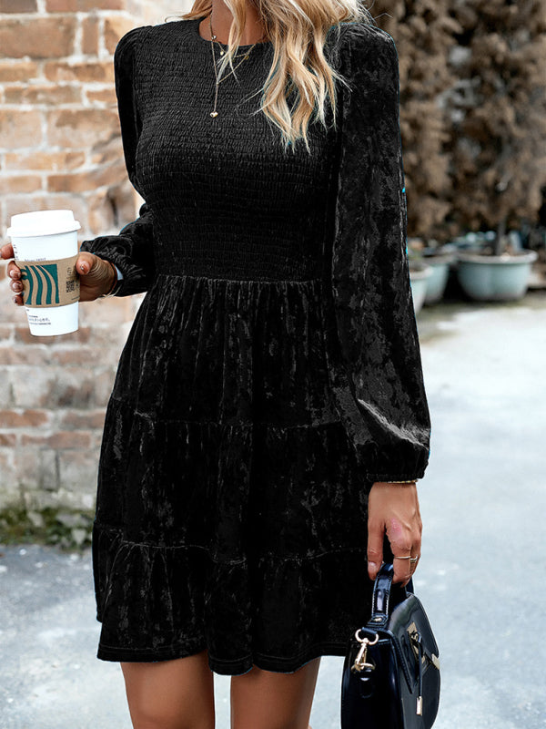 Women's elegant round neck velvet dress Black