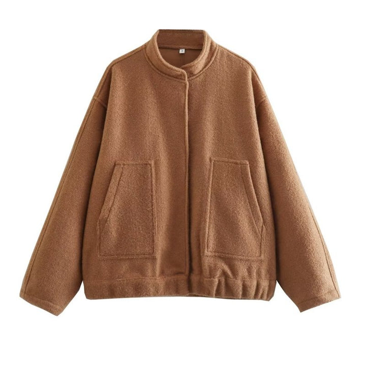 Loose casual jacket street Y2K stand collar concealed button jacket caramel