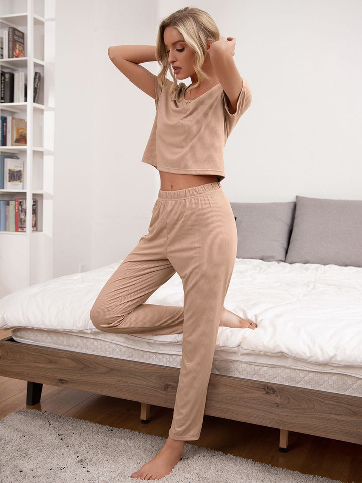 Ivy Lane Round Neck Short Sleeve Top and Pants Lounge Set Tan