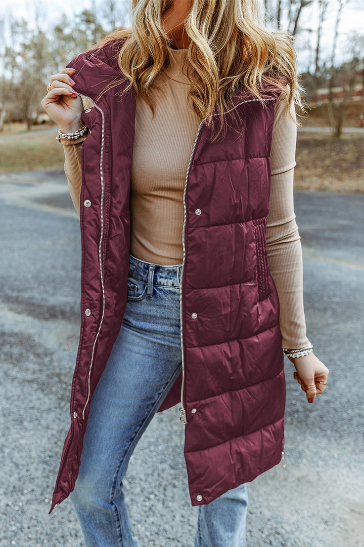 Longline Hooded Sleeveless Puffer Vest Plum