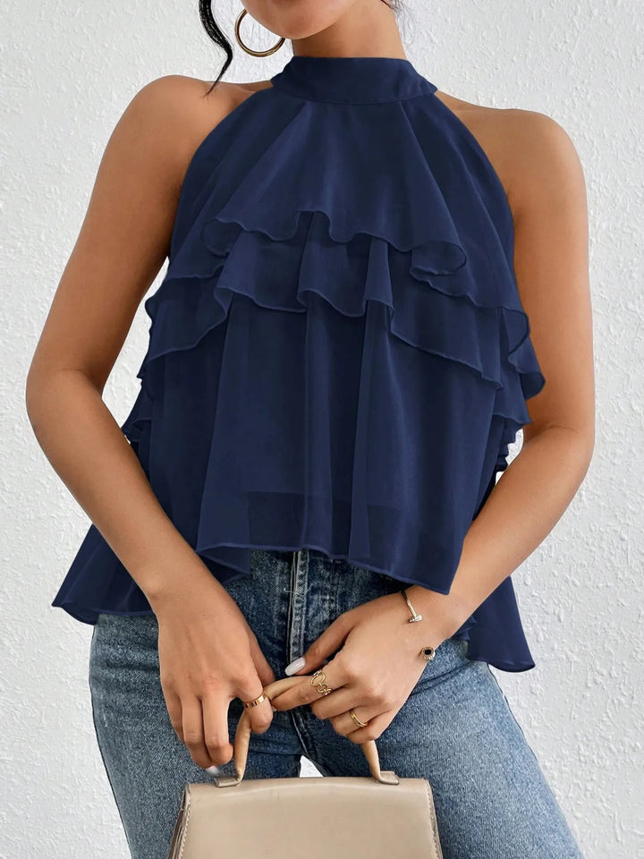 Ruffled Layered Sleeveless Top Navy Blue