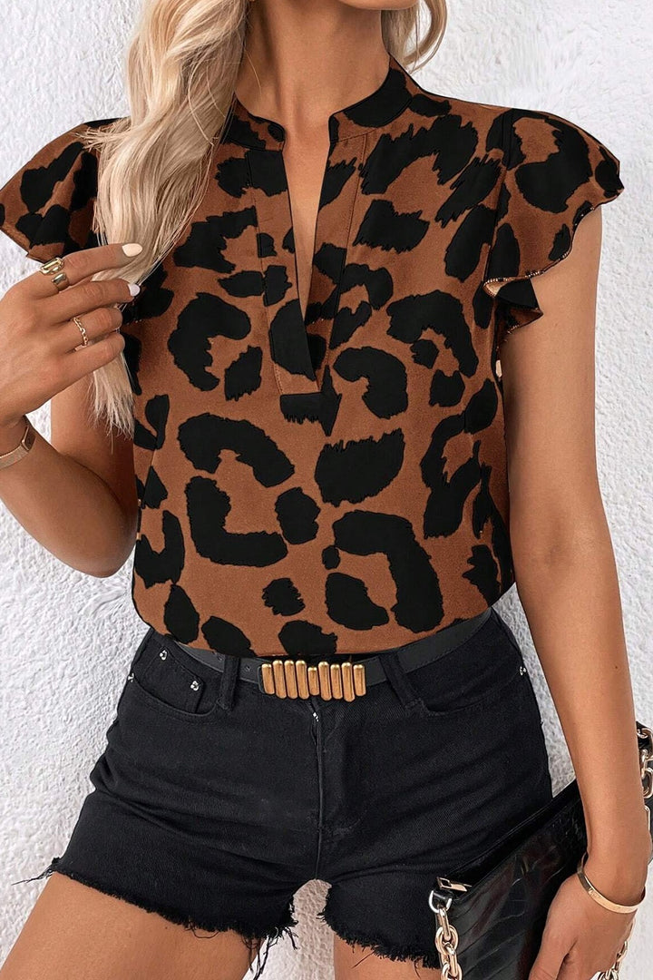 Leopard Notched Cap Sleeve Blouse Chestnut