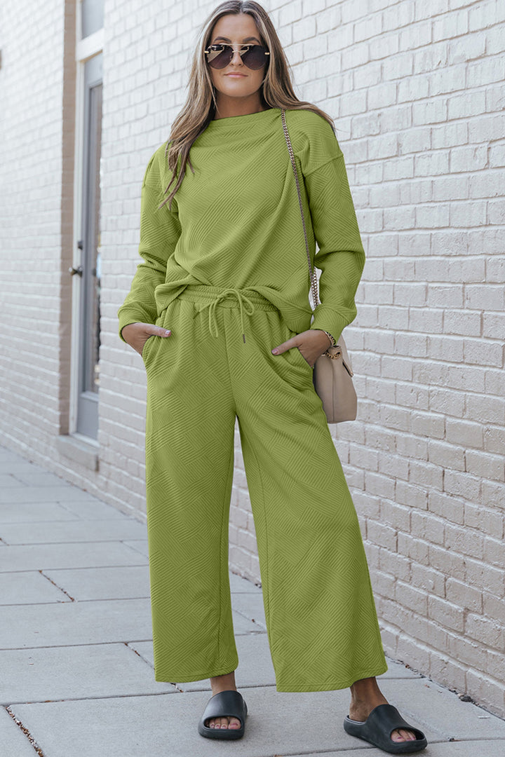 Double Take Full Size Textured Long Sleeve Top and Drawstring Pants Set Chartreuse