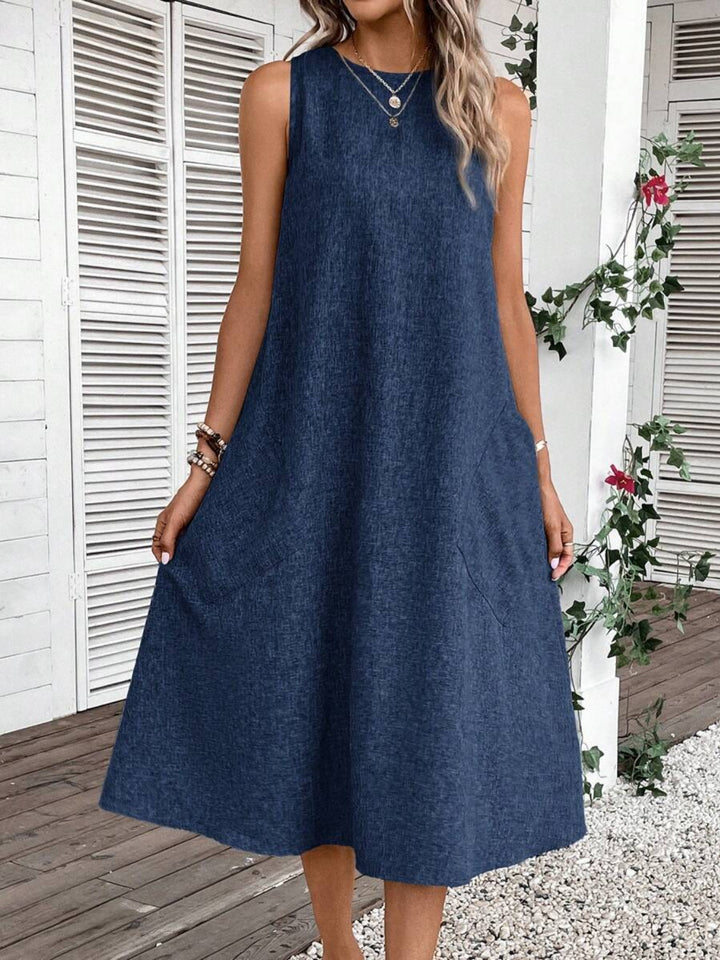 Full Size Pocketed Round Neck Sleeveless Dress Cobalt Blue