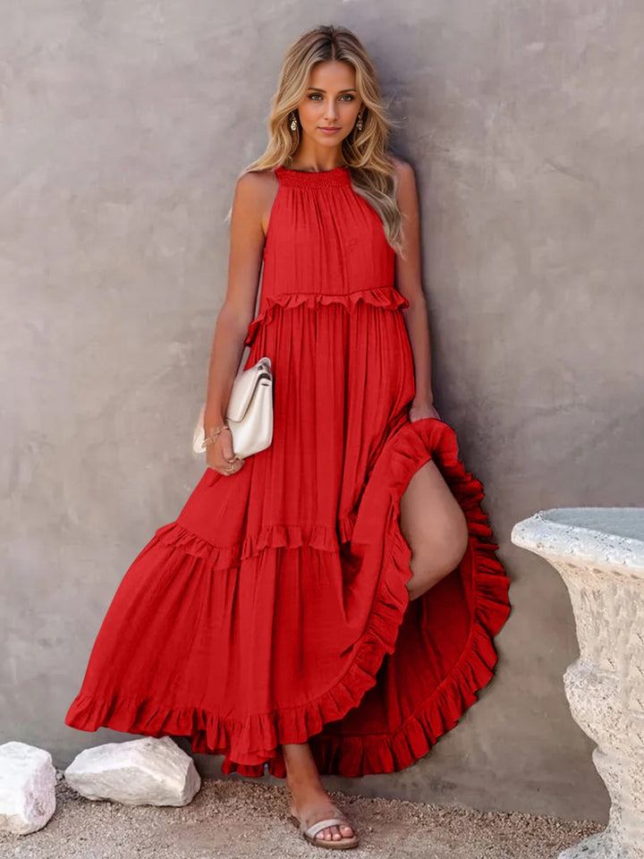 Ruffled Sleeveless Tiered Maxi Dress with Pockets Red