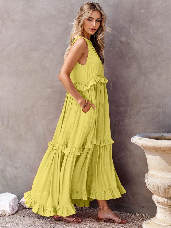 Ruffled Sleeveless Tiered Maxi Dress with Pockets Chartreuse