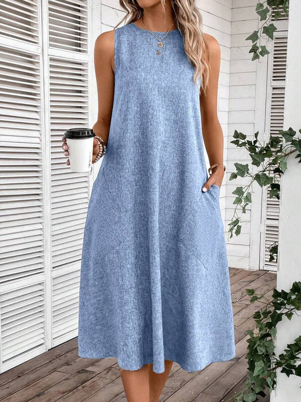 Full Size Pocketed Round Neck Sleeveless Dress Misty Blue