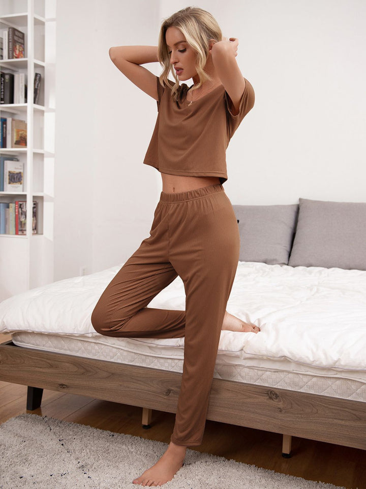 Ivy Lane Round Neck Short Sleeve Top and Pants Lounge Set Caramel