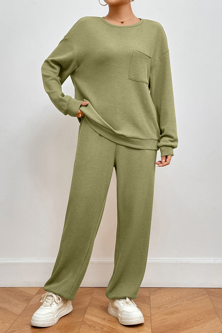 Pocketed Round Neck Top and Pants Lounge Set Matcha Green