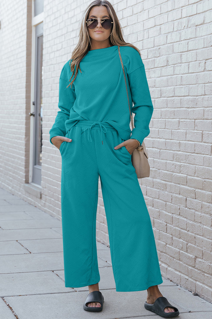 Double Take Full Size Textured Long Sleeve Top and Drawstring Pants Set Azure
