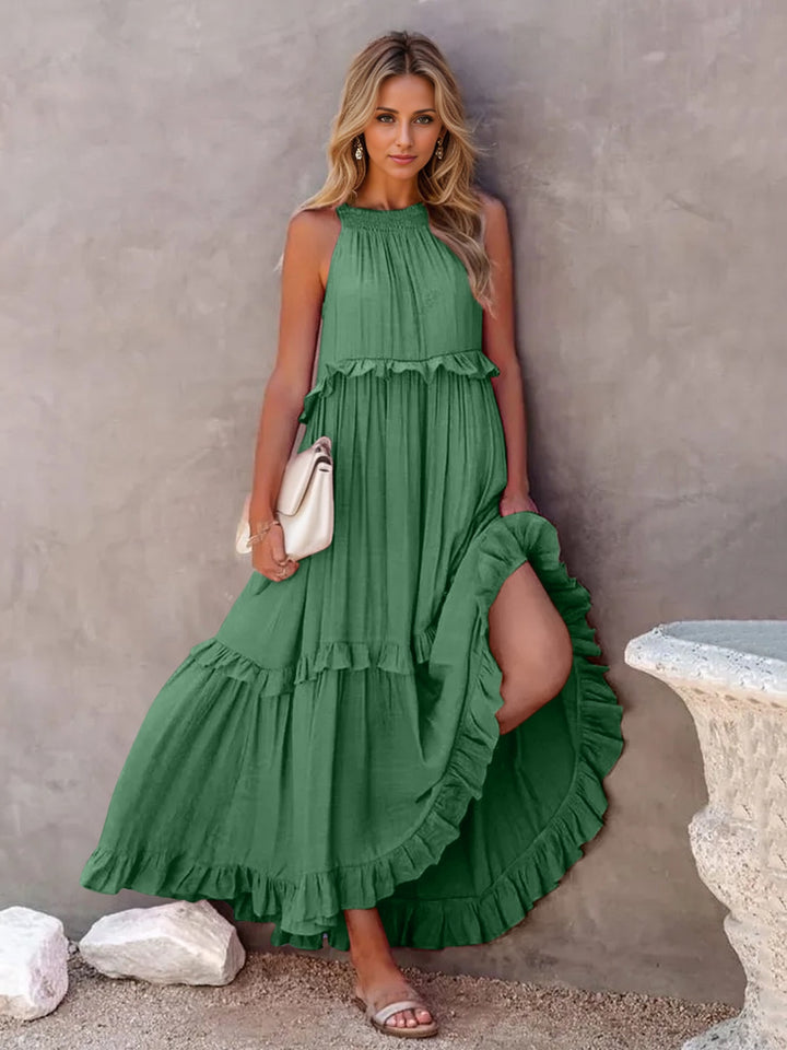 Ruffled Sleeveless Tiered Maxi Dress with Pockets Green